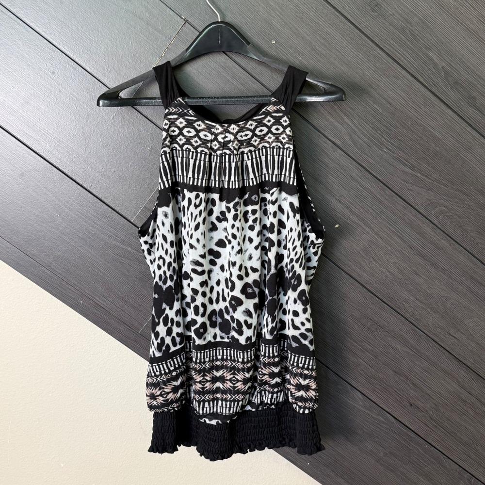 Maurices Women's Sleeveless Printed Blouse Micro Mesh Lined Size 1 Black Y2K